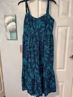 J. Crew Navy Blue Midi Dress with Teal Leaf Print